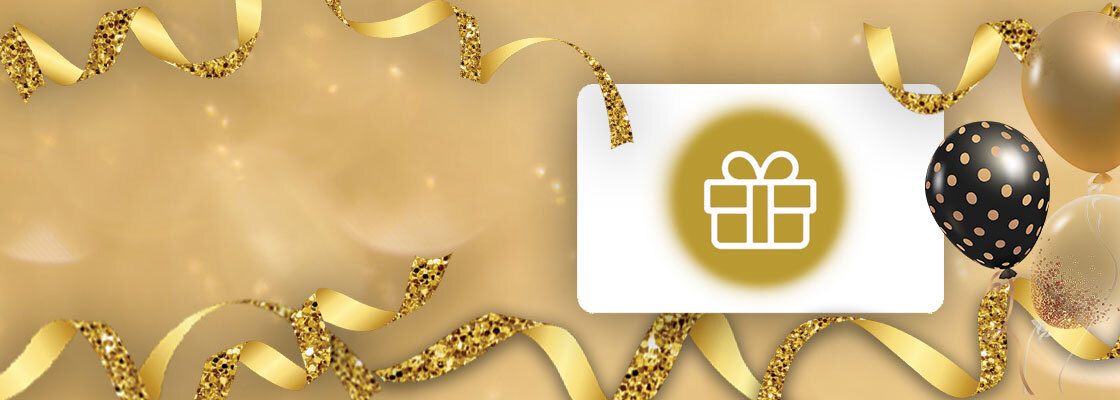 Gift card on gold background with gold ribbons and balloons