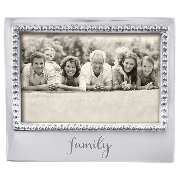 Mariposa Family Beaded 4x6 Frame Silver beaded frame with the word family written in script at the bottom