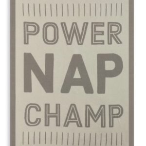 Tan and brown Woven Blanket that reads Power Nap Champ