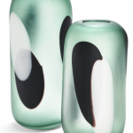 two green frosted vases